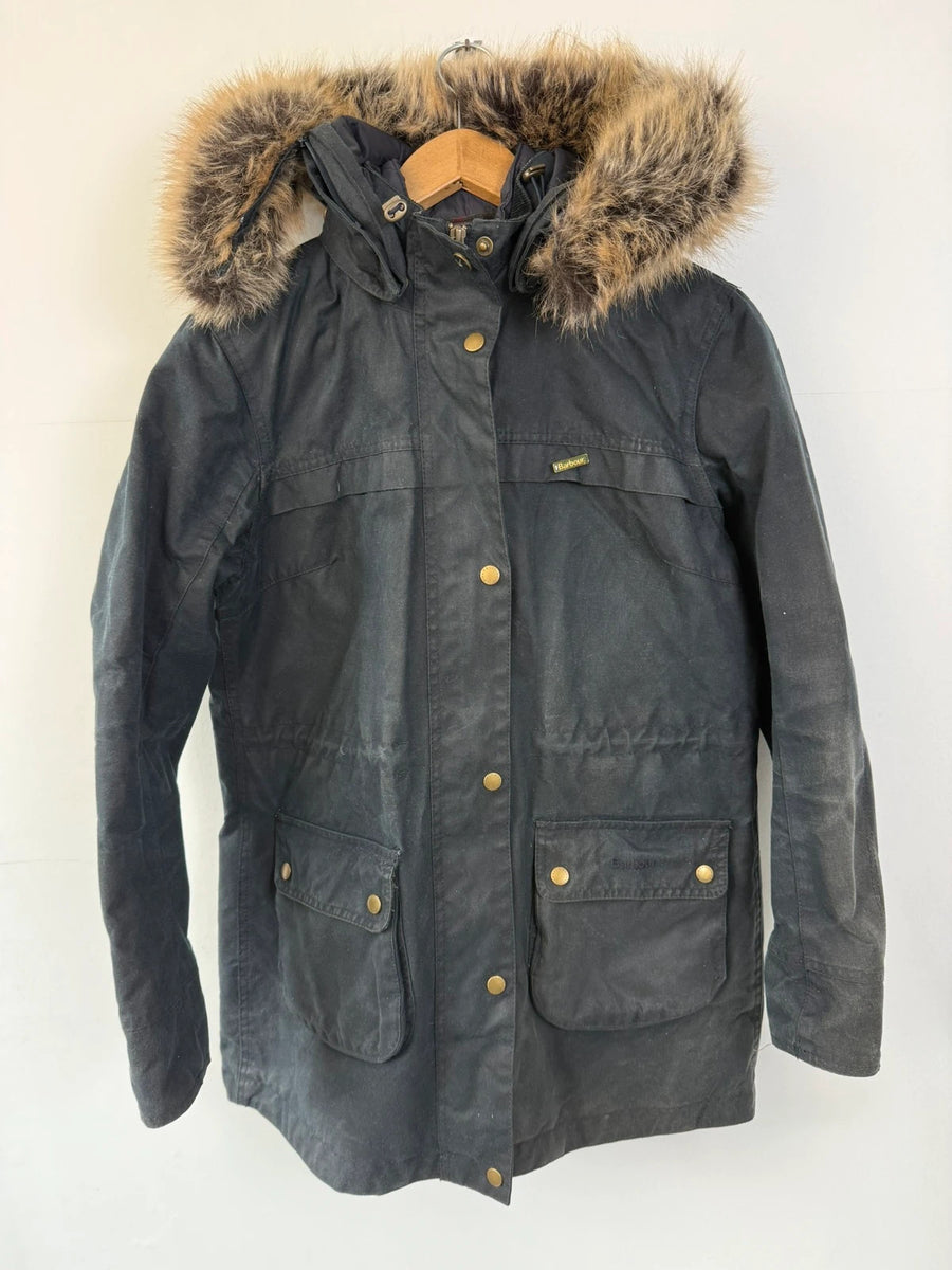 Barbour Dartford Wax Parka Jacket Navy Hooded Womens • UK12 Medium / M