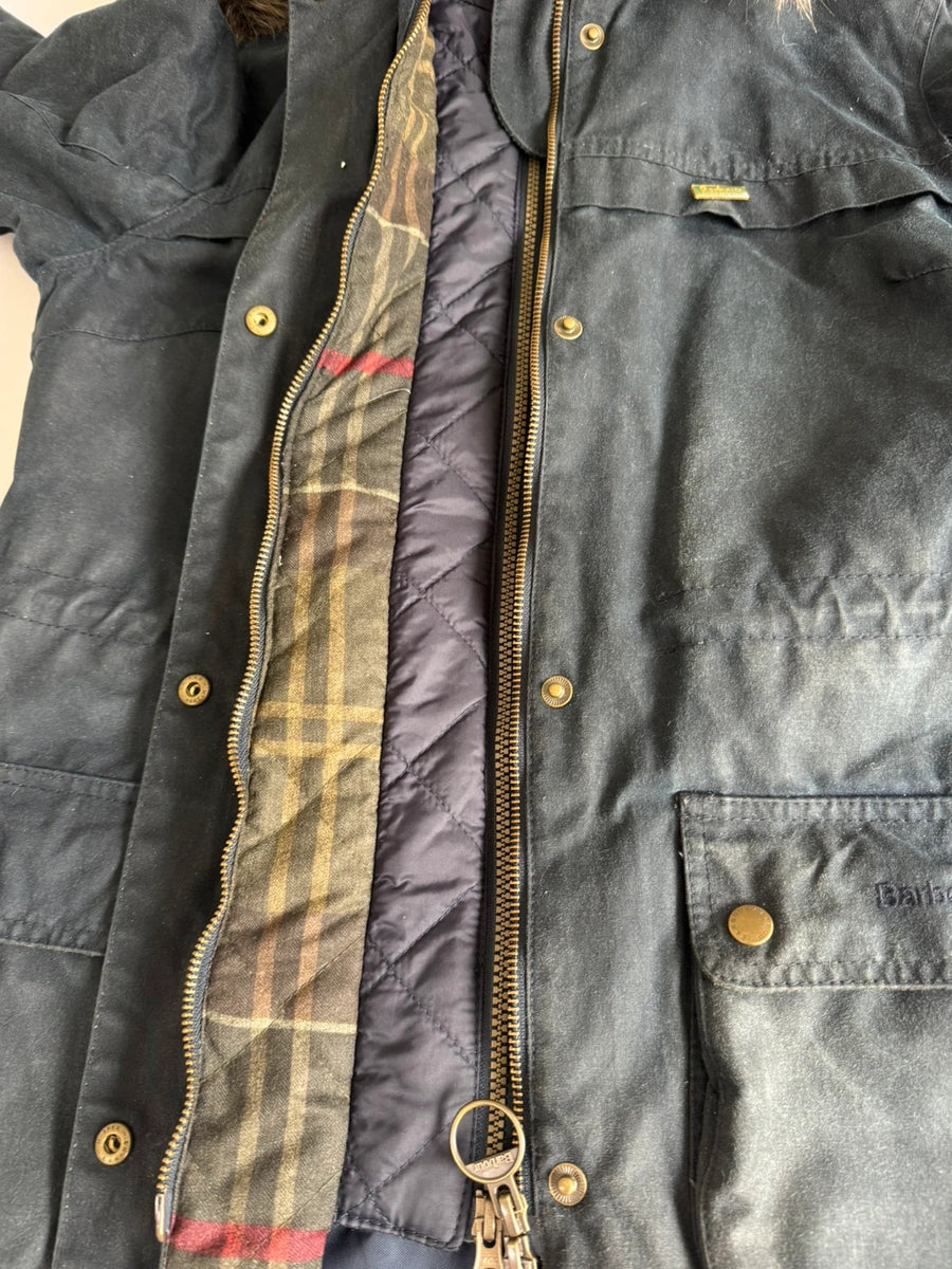 Barbour Dartford Wax Parka Jacket Navy Hooded Womens • UK12 Medium / M