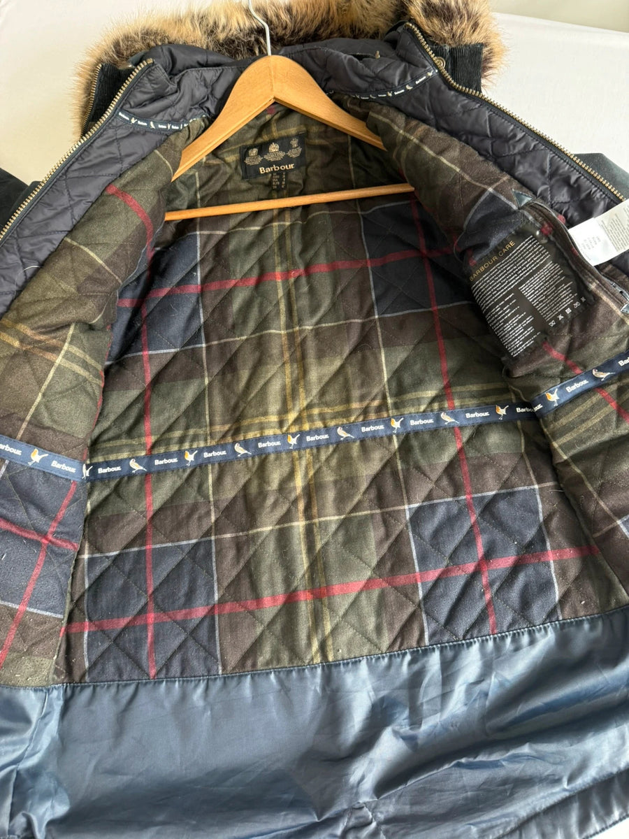 Barbour Dartford Wax Parka Jacket Navy Hooded Womens • UK12 Medium / M