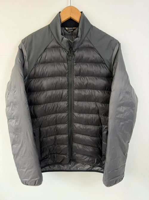 Barbour grey quilted jacket with black front panel and corduroy collar.