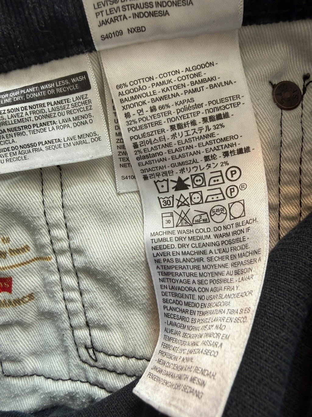 Levi's black straight jeans with classic five-pocket styling and signature back pocket stitching.