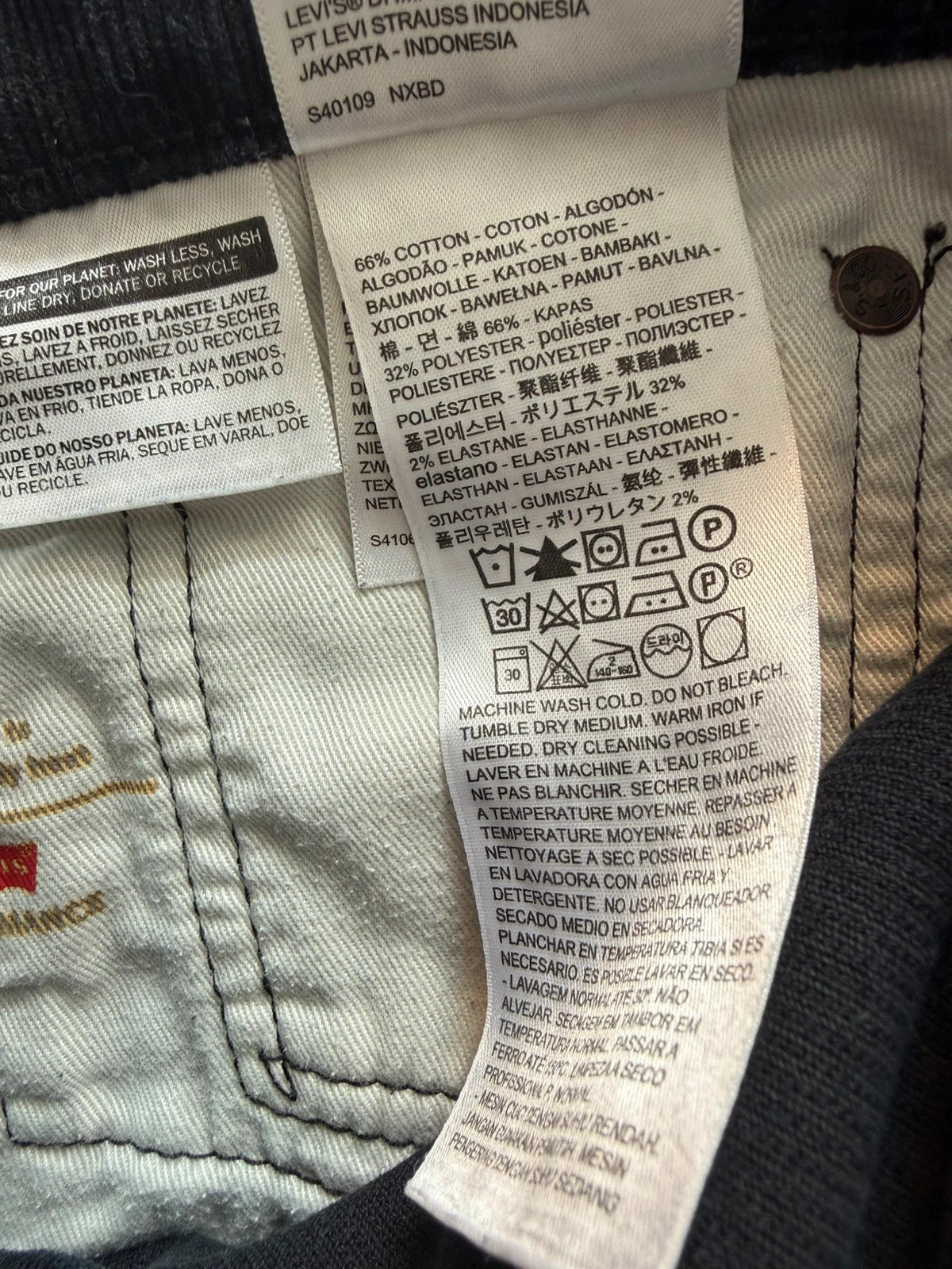 Levi's black straight jeans with classic five-pocket styling and signature back pocket stitching.