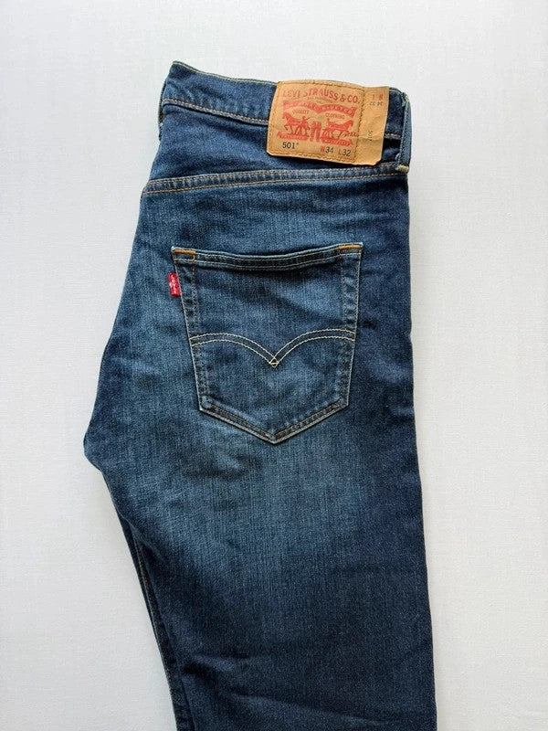 Levi's blue straight jeans with original logo patch and slight stretch material.
