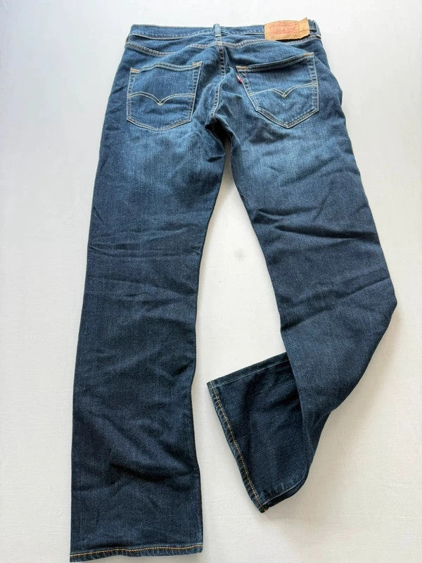 Levi's blue straight jeans with original logo patch and slight stretch material.