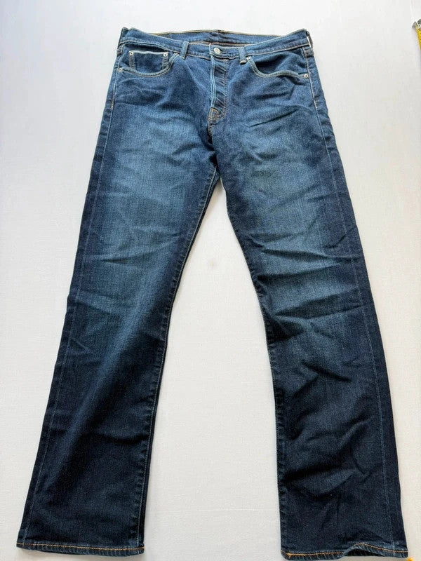 Levi's blue straight jeans with original logo patch and slight stretch material.
