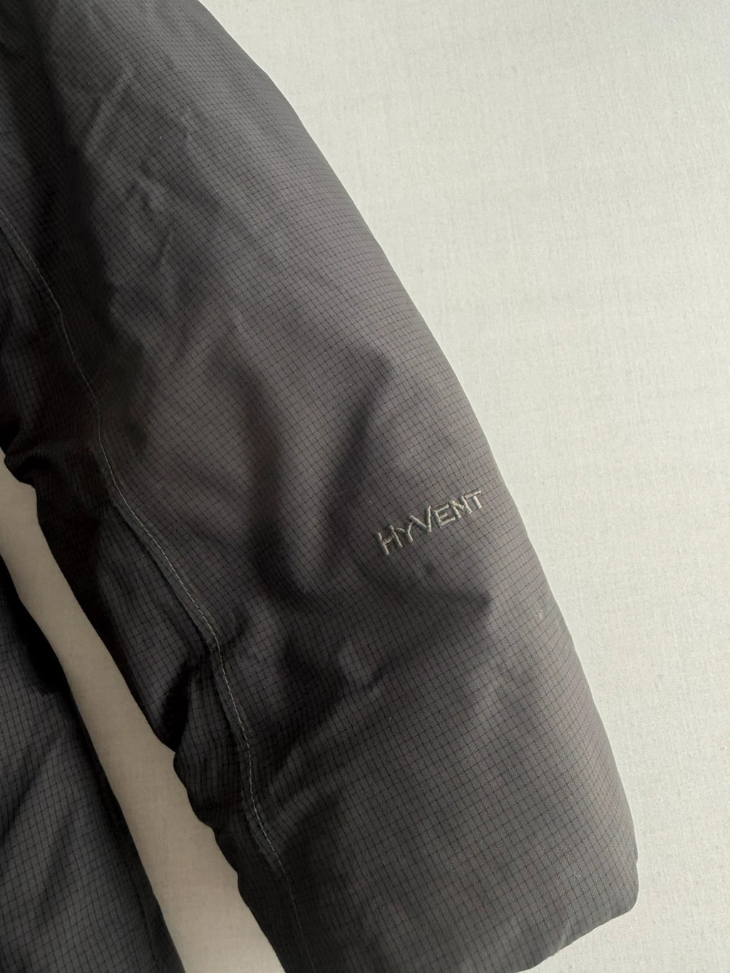 The North Face grey down parka with detachable faux fur hood and multiple pockets.