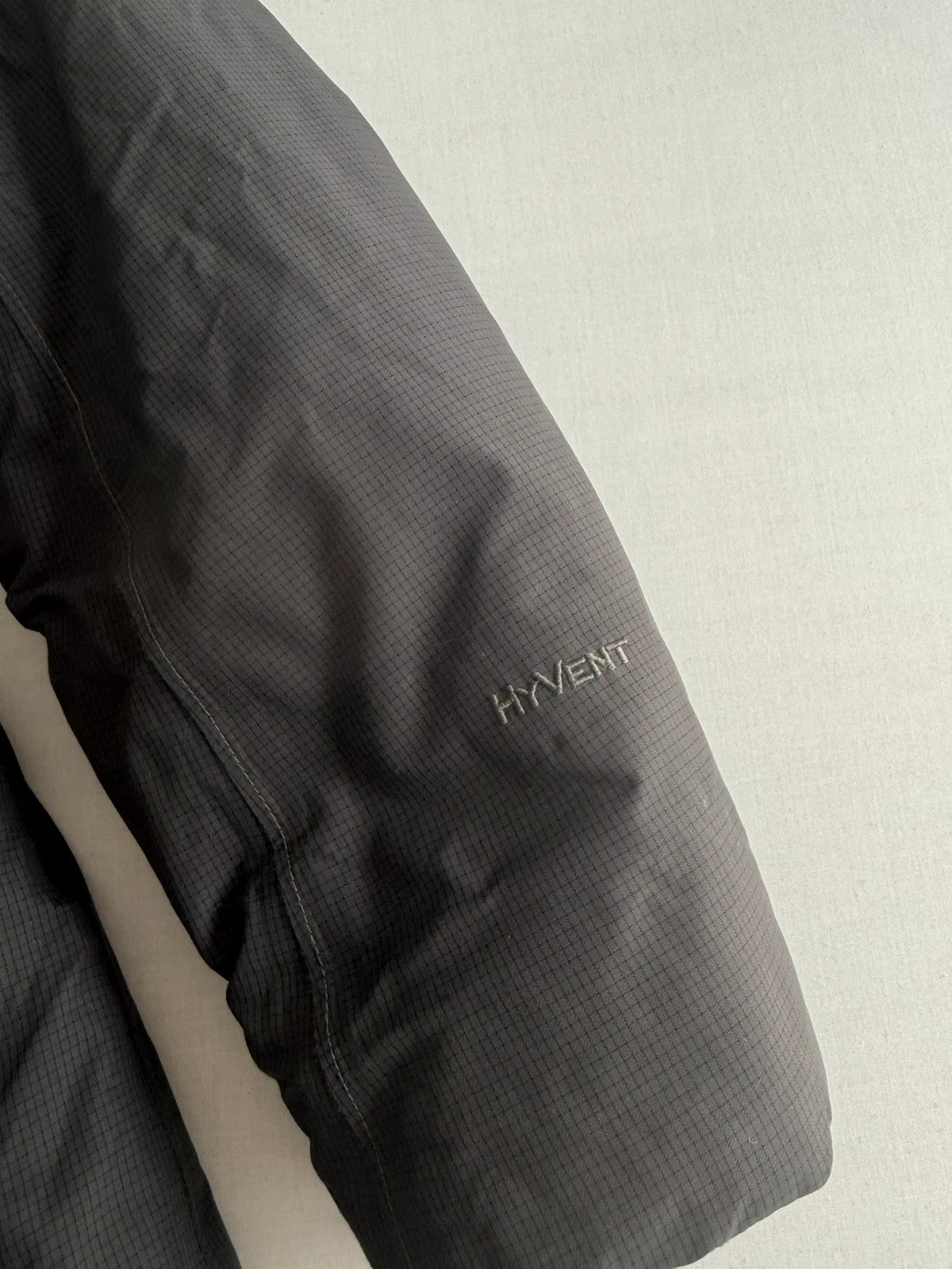 The North Face grey down parka with detachable faux fur hood and multiple pockets.