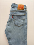 Levi's blue straight jeans light wash stretch denim with signature back-pocket arcuate stitching.