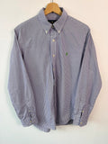 Ralph Lauren purple and white gingham check shirt with green embroidered pony logo.