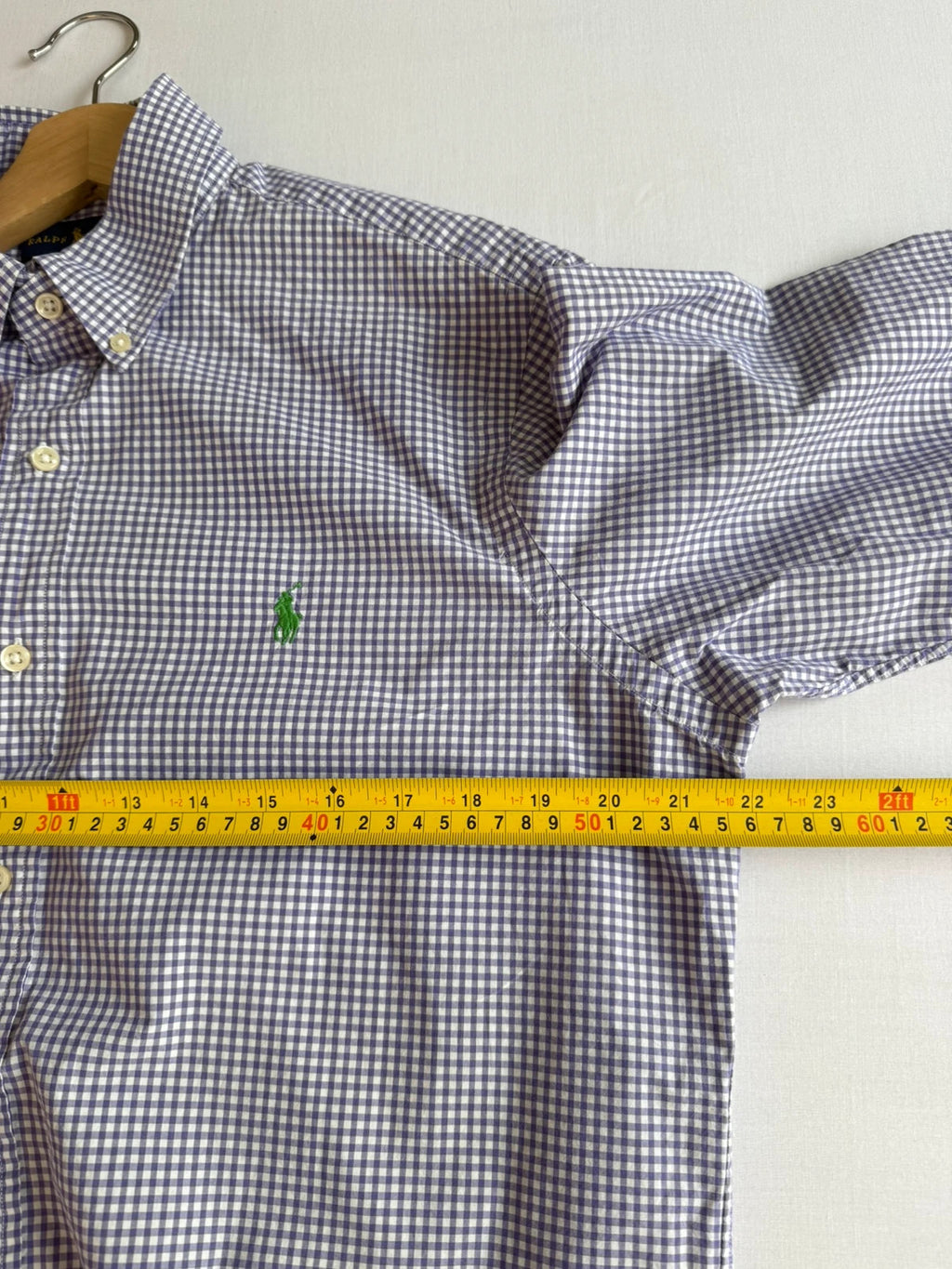 Ralph Lauren purple and white gingham check shirt with green embroidered pony logo.
