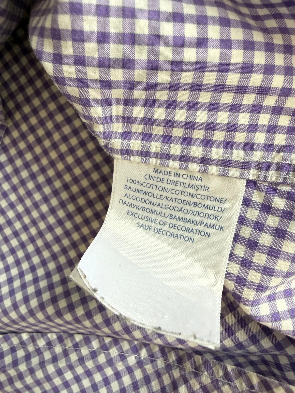 Ralph Lauren purple and white gingham check shirt with green embroidered pony logo.