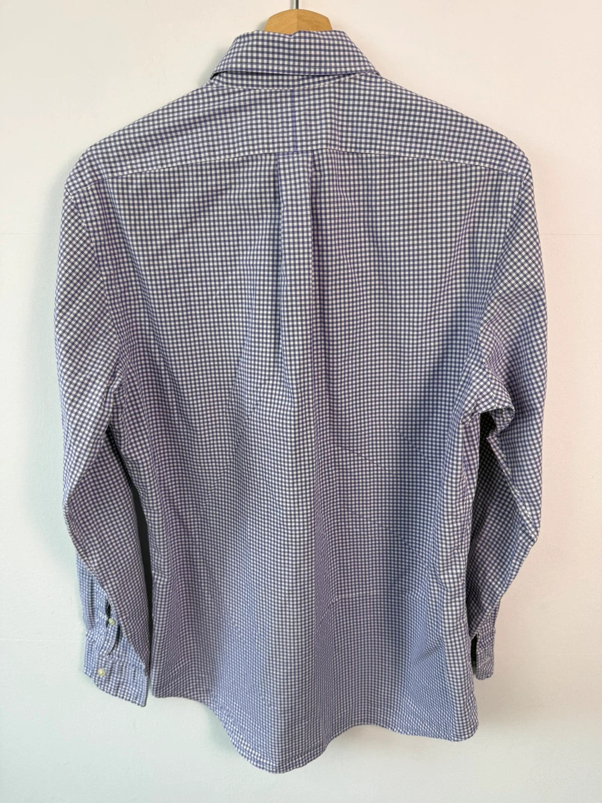 Ralph Lauren purple and white gingham check shirt with green embroidered pony logo.