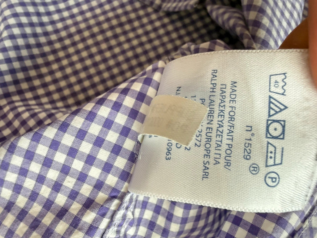 Ralph Lauren purple and white gingham check shirt with green embroidered pony logo.