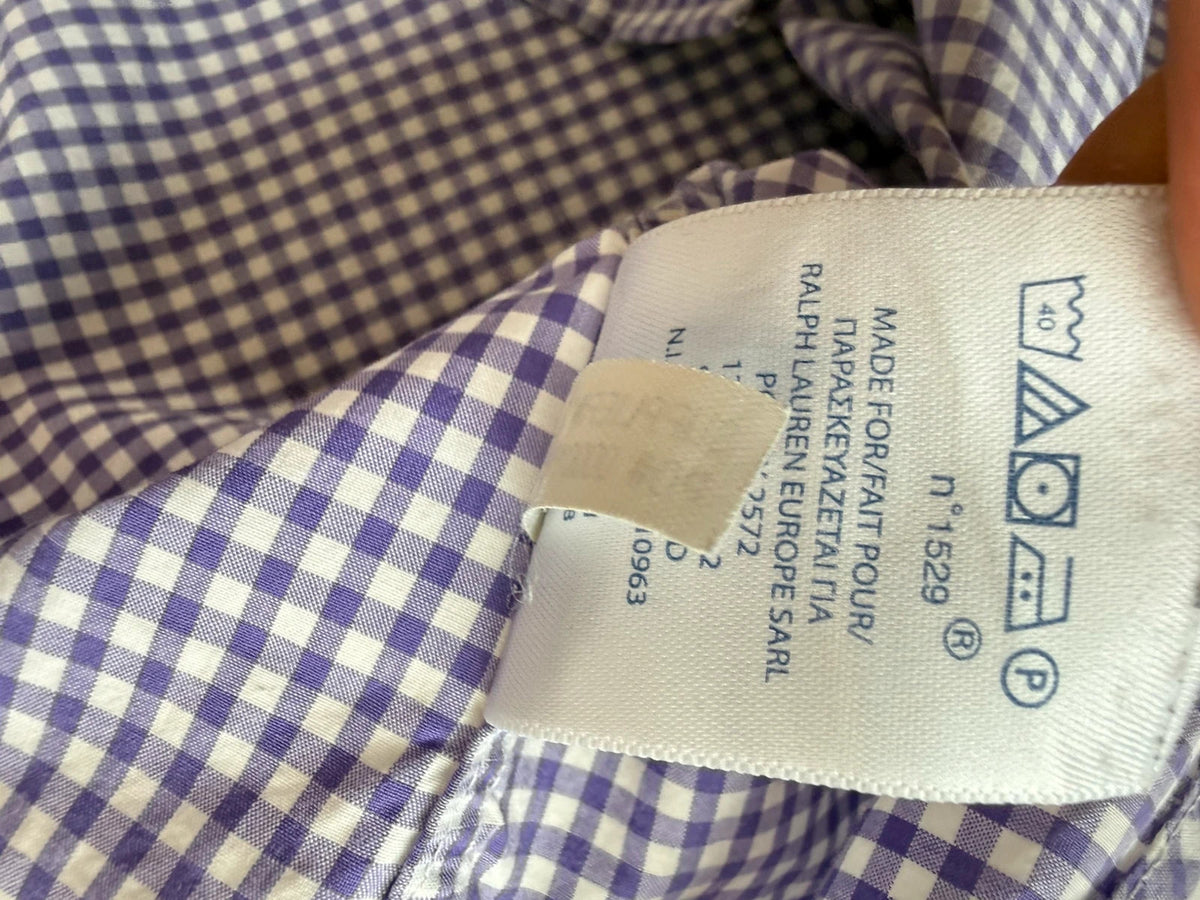 Ralph Lauren purple and white gingham check shirt with green embroidered pony logo.