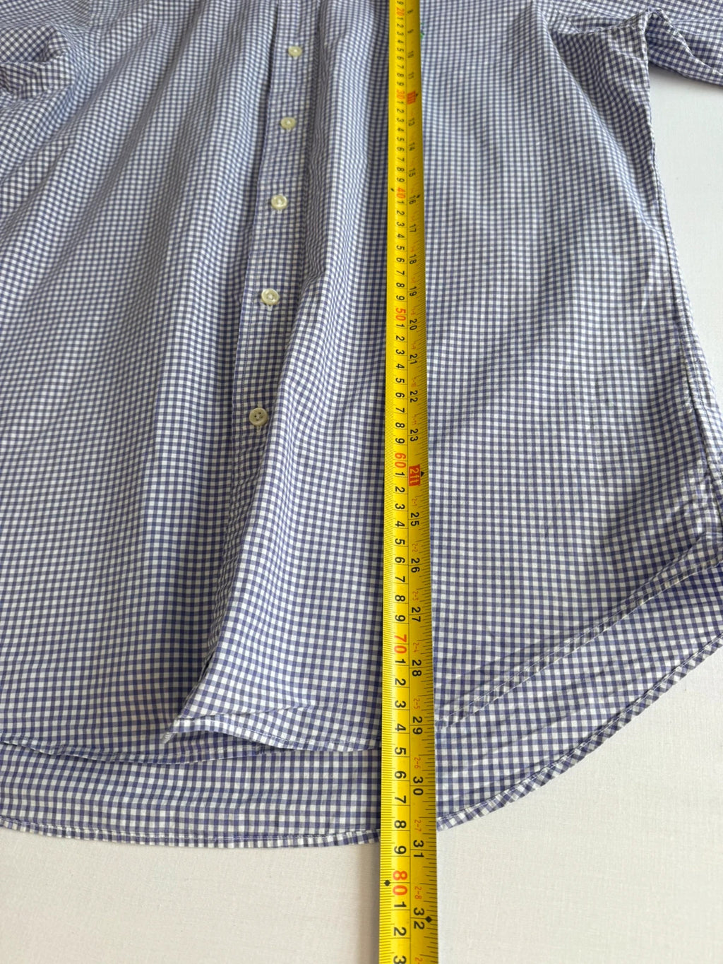 Ralph Lauren purple and white gingham check shirt with green embroidered pony logo.