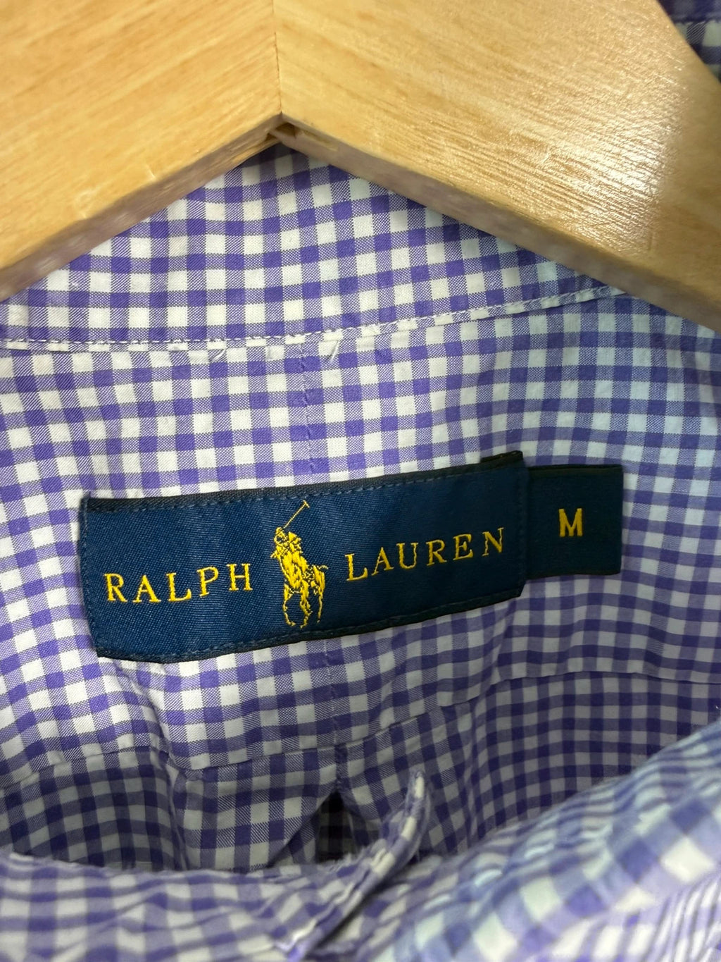 Ralph Lauren purple and white gingham check shirt with green embroidered pony logo.