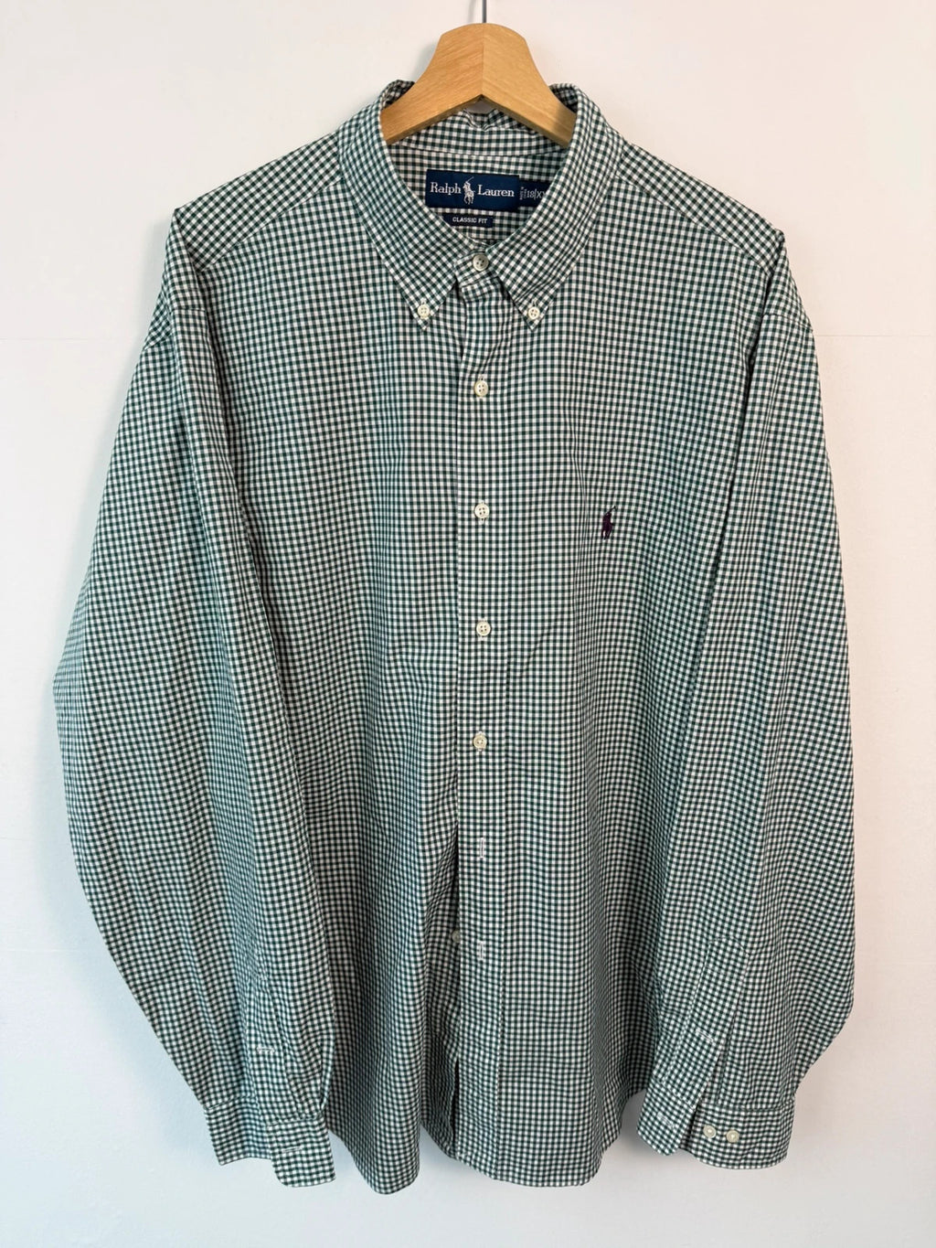 Ralph Lauren green and white gingham shirt with embroidered pony logo and button-down collar.