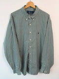 Ralph Lauren green and white gingham shirt with embroidered pony logo and button-down collar.