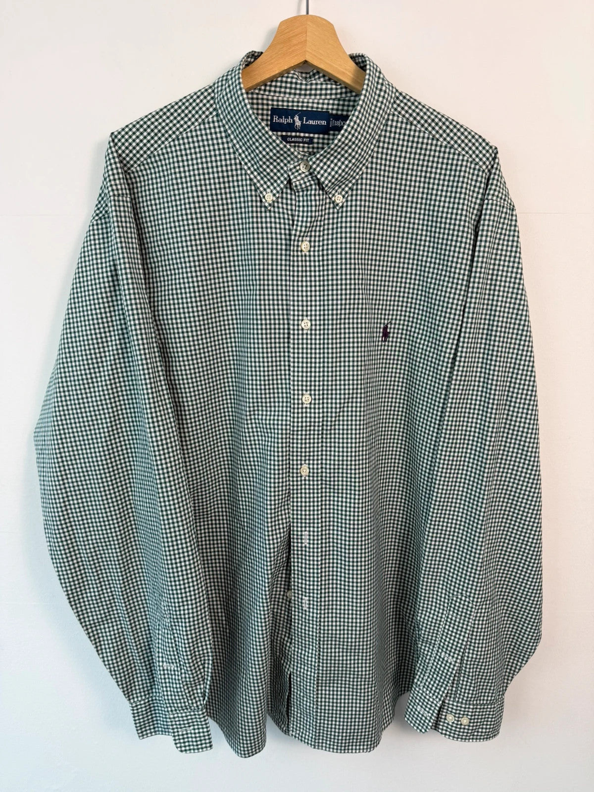 Ralph Lauren green and white gingham shirt with embroidered pony logo and button-down collar.