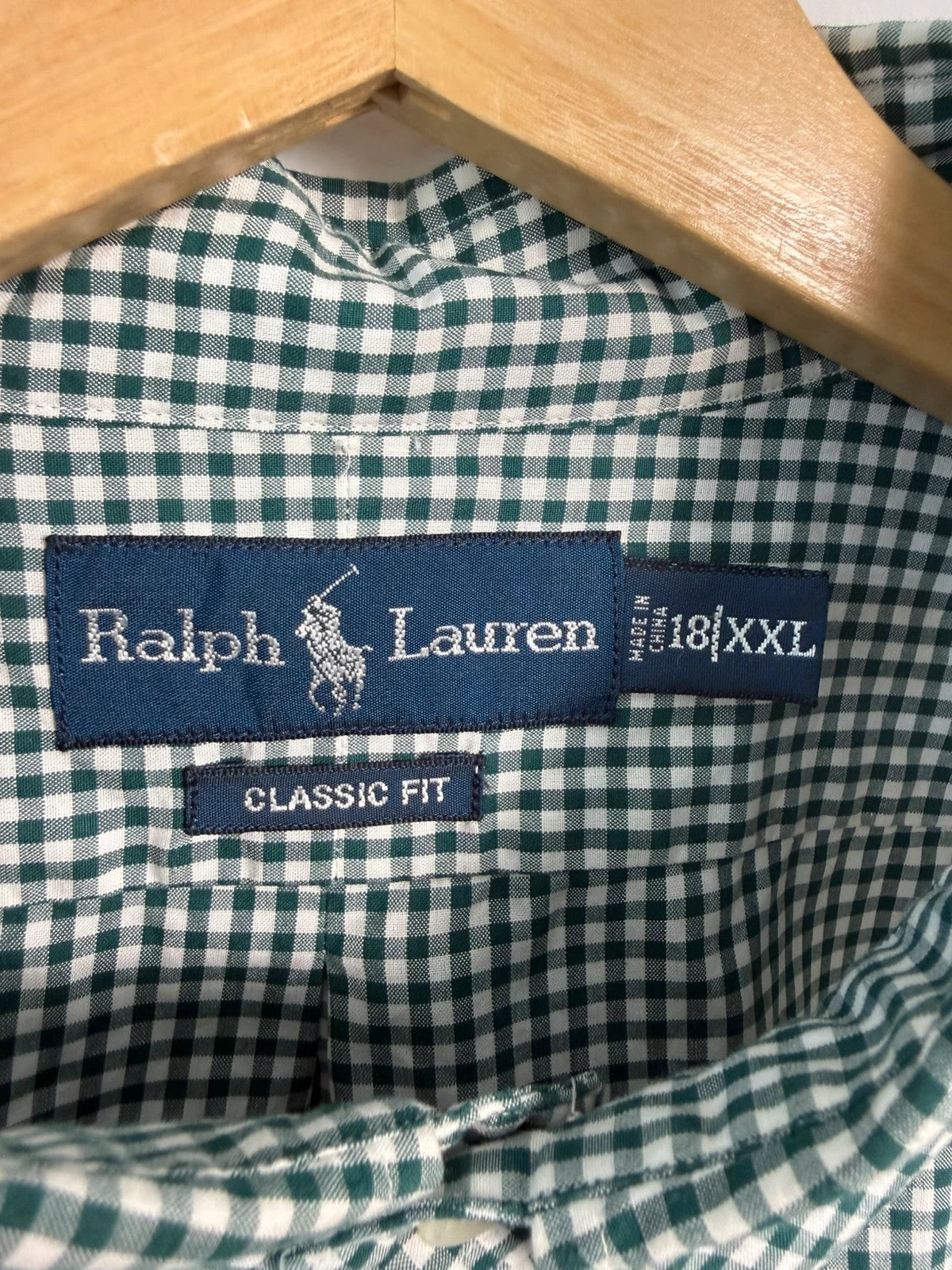 Ralph Lauren green and white gingham shirt with embroidered pony logo and button-down collar.