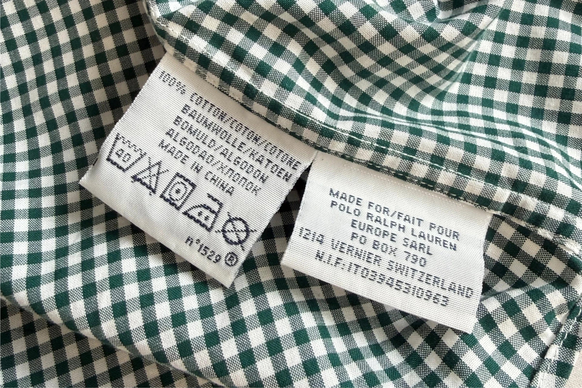 Ralph Lauren green and white gingham shirt with embroidered pony logo and button-down collar.