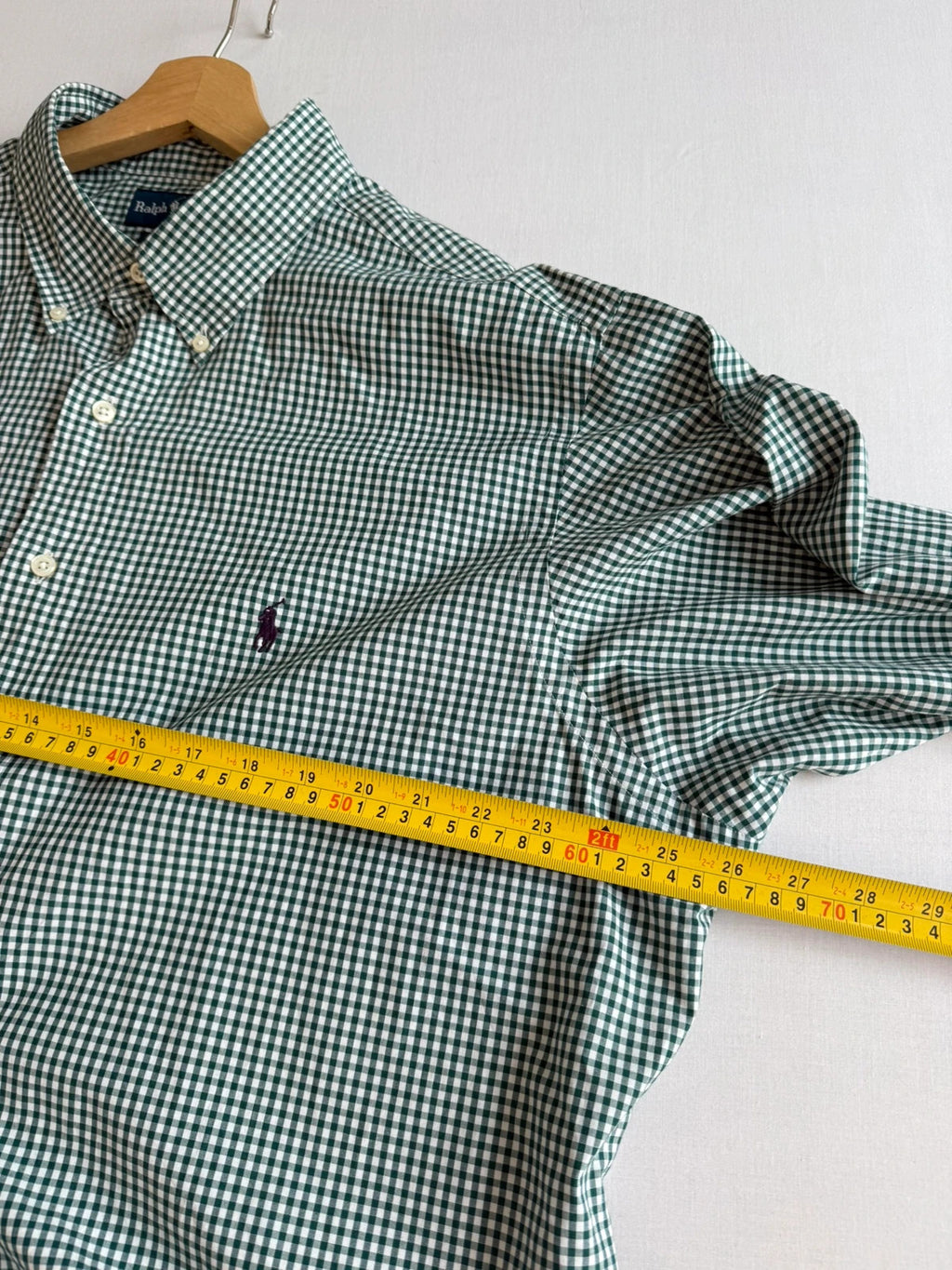 Ralph Lauren green and white gingham shirt with embroidered pony logo and button-down collar.