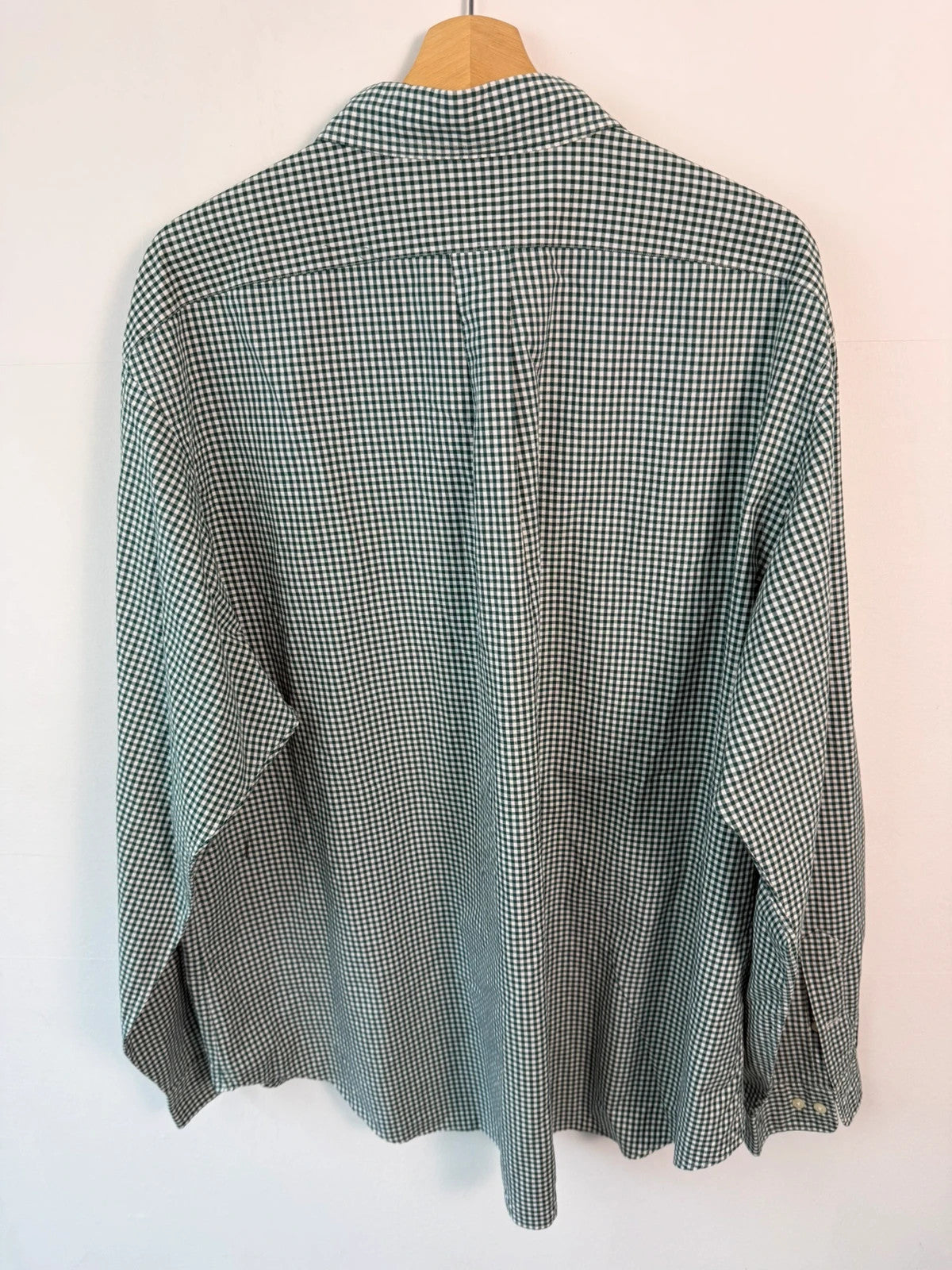Ralph Lauren green and white gingham shirt with embroidered pony logo and button-down collar.