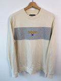 Barbour cream sweatshirt with grey colourblock panel and embroidered crest logo.