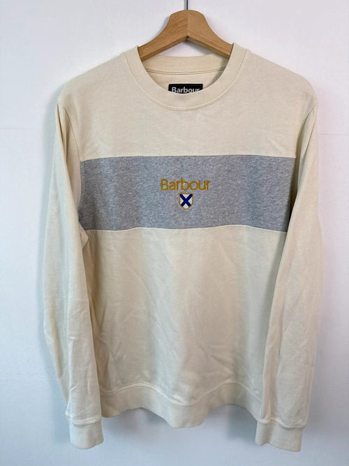 Barbour cream sweatshirt with grey colourblock panel and embroidered crest logo.