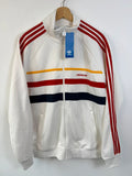 Adidas white track top with red 3-stripes, tonal stripes, full zip, stand-up collar.