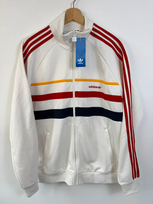 Adidas white track top with red 3-stripes, tonal stripes, full zip, stand-up collar.