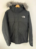The North Face black parka with detachable faux fur hood and waterproof HyVent technology.