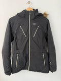 Helly Hansen black ski jacket with detachable faux trim hood and zip pockets.