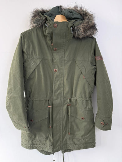 Berghaus Parka Jacket Faux Trim Hood Khaki Green Womens • Size 10 / S