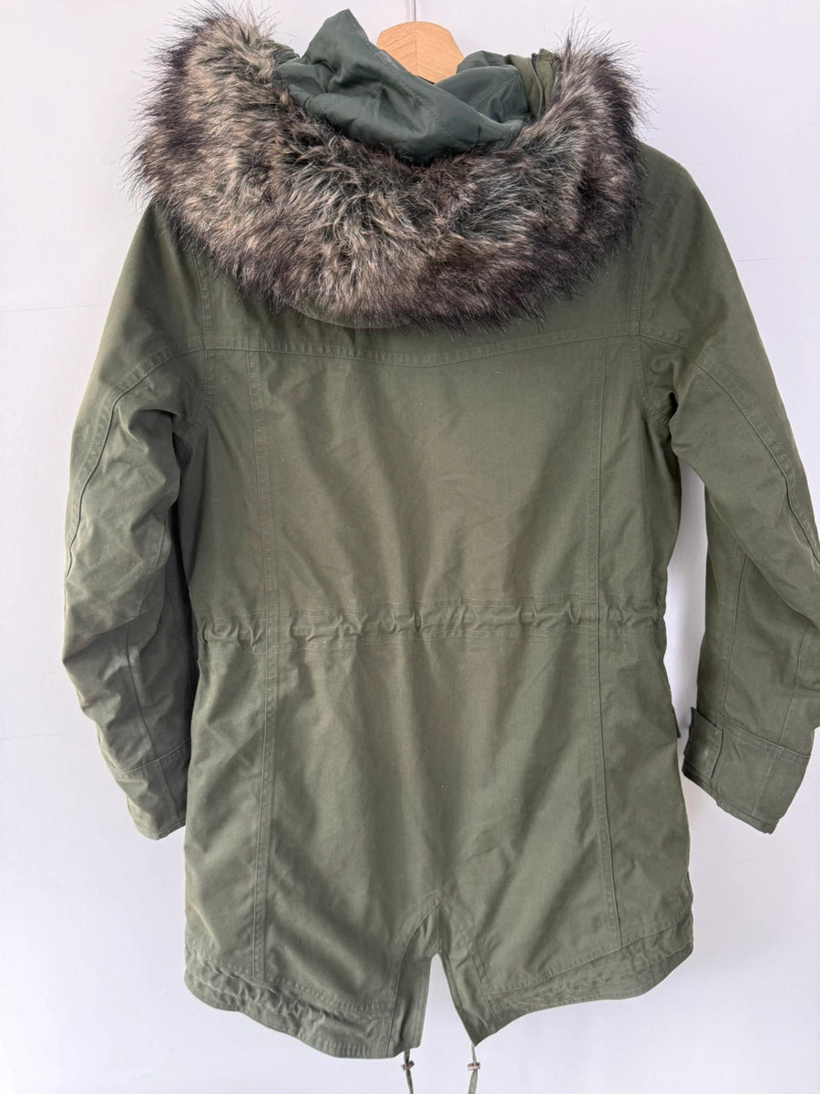 Berghaus Parka Jacket Faux Trim Hood Khaki Green Womens • Size 10 / S