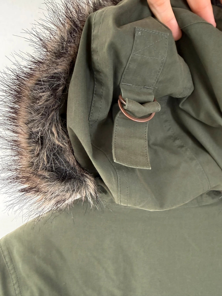 Berghaus Parka Jacket Faux Trim Hood Khaki Green Womens • Size 10 / S