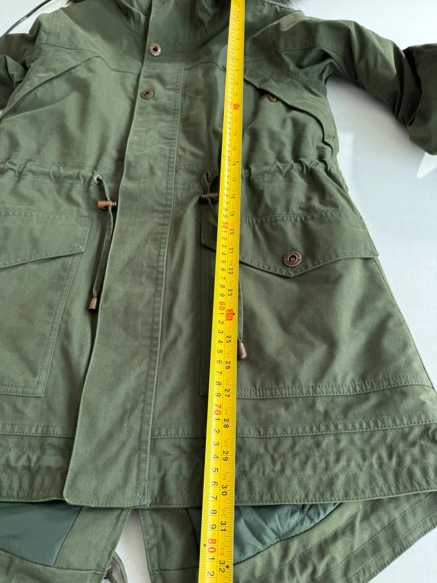 Berghaus Parka Jacket Faux Trim Hood Khaki Green Womens • Size 10 / S