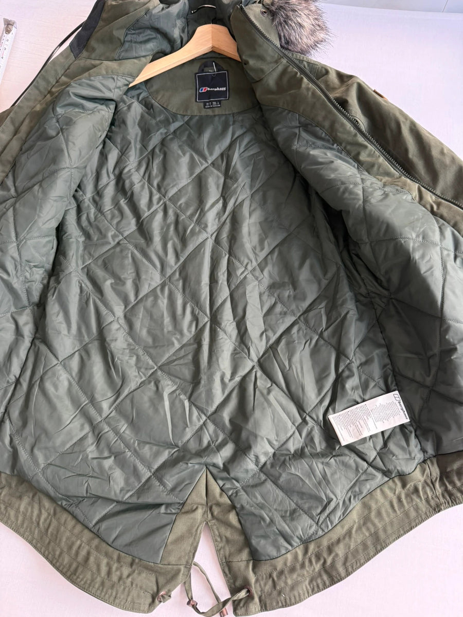 Berghaus Parka Jacket Faux Trim Hood Khaki Green Womens • Size 10 / S