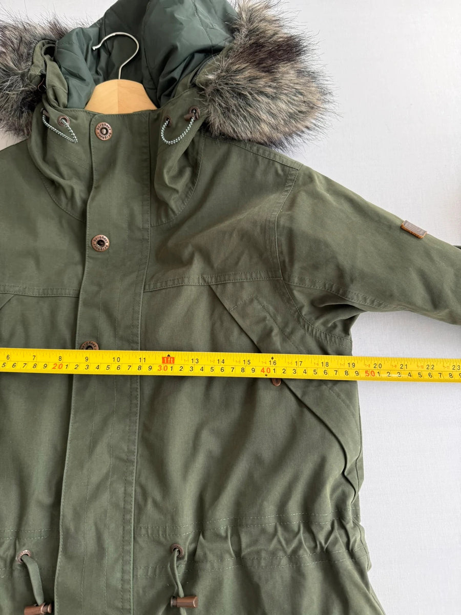 Berghaus Parka Jacket Faux Trim Hood Khaki Green Womens • Size 10 / S
