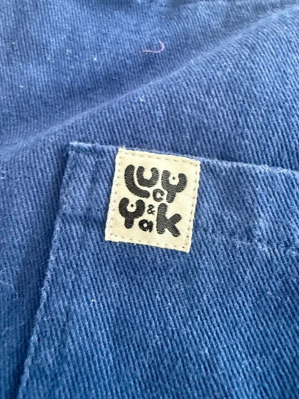 Lucy & Yak navy dungarees with adjustable straps, front bib pocket, and relaxed fit.