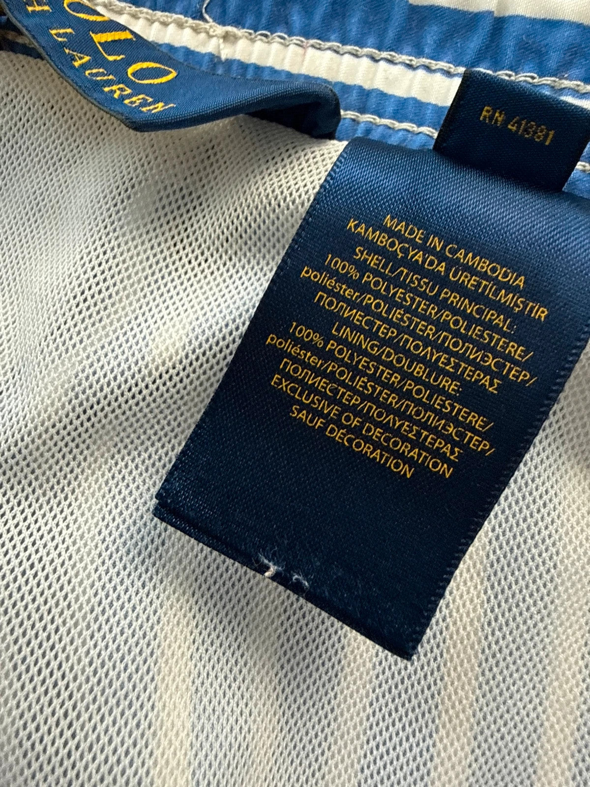 Ralph Lauren blue and white striped swim shorts with classic pony embroidery and drawstring waist.