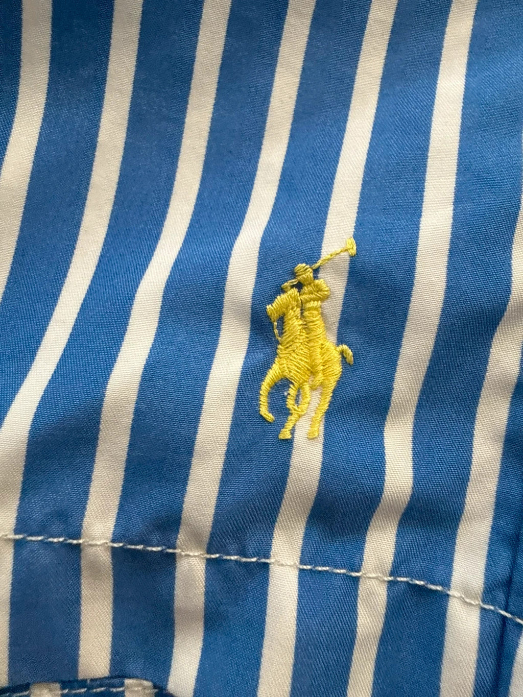 Ralph Lauren blue and white striped swim shorts with classic pony embroidery and drawstring waist.