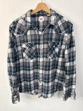 Levi's blue and grey plaid flannel shirt, thick cotton, chest button-flap pockets.