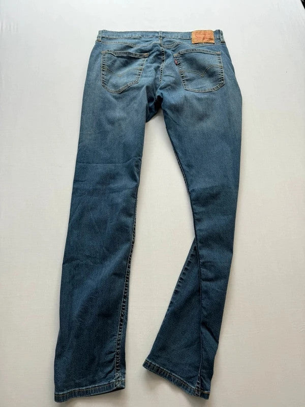 Levi's blue straight jeans with slim tapered fit and zip fly closure.