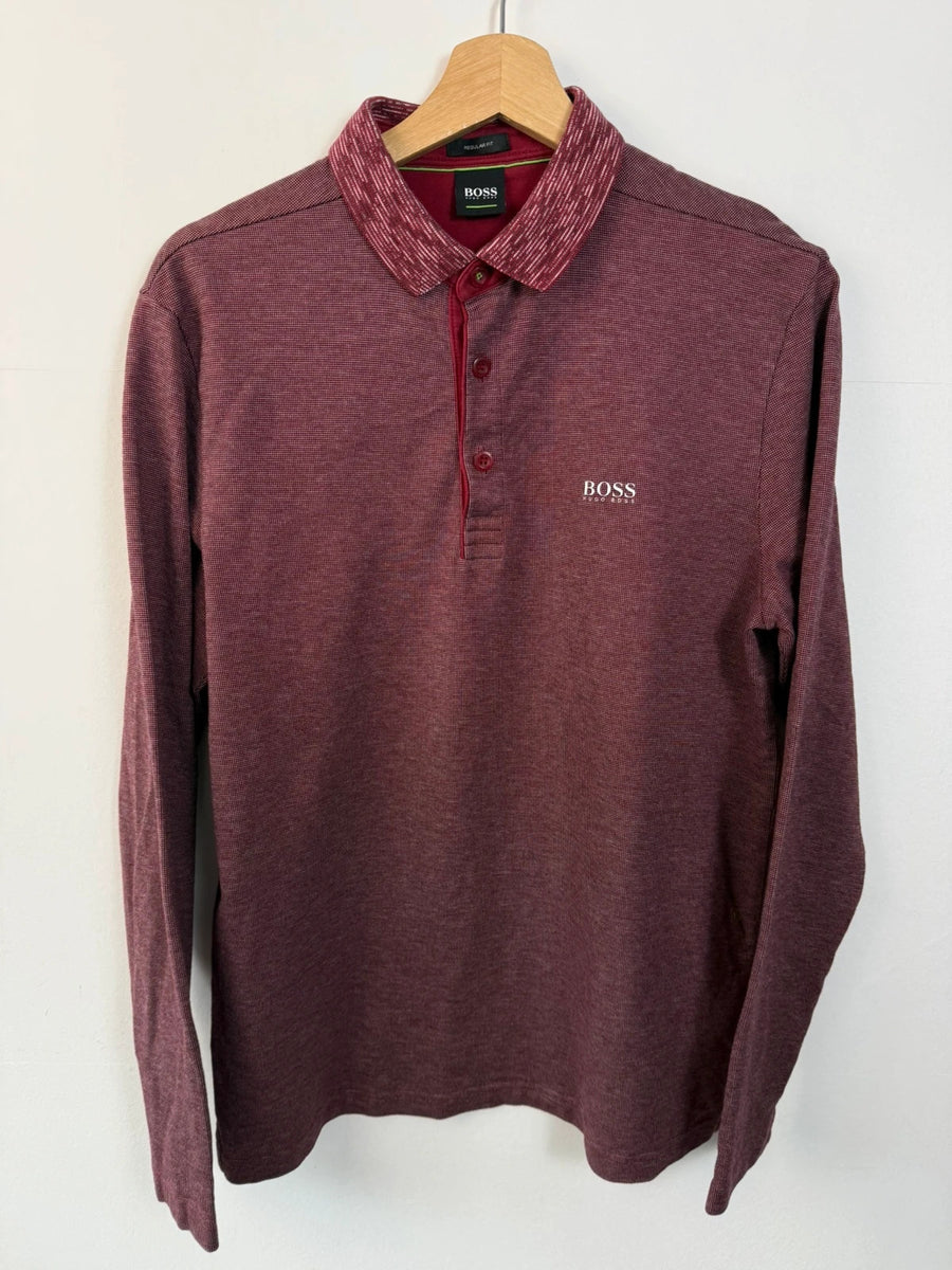 Hugo Boss Green Long Sleeve Polo Shirt Cotton Burgundy Mens • Medium / M
