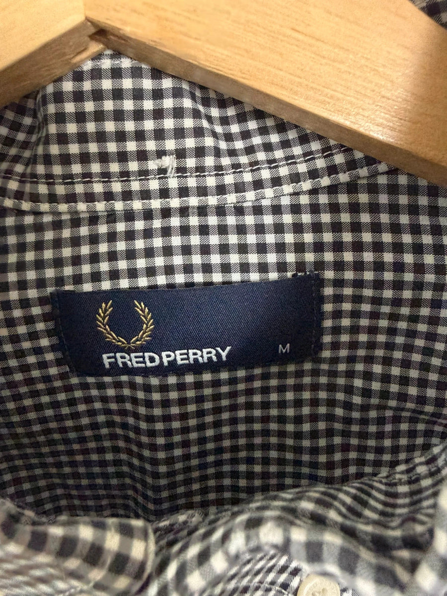 Fred Perry Micro Gingham Button Down Mod Shirt Black White Mens • Medium / M