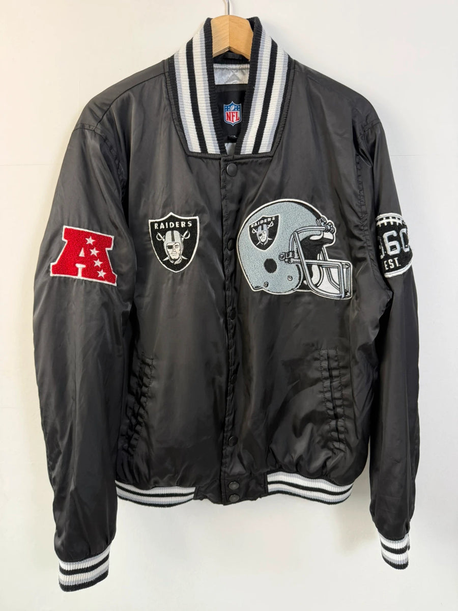 NFL Oakland Raiders Varsity Bomber Jacket Chenille Patch Black Mens • Large / L
