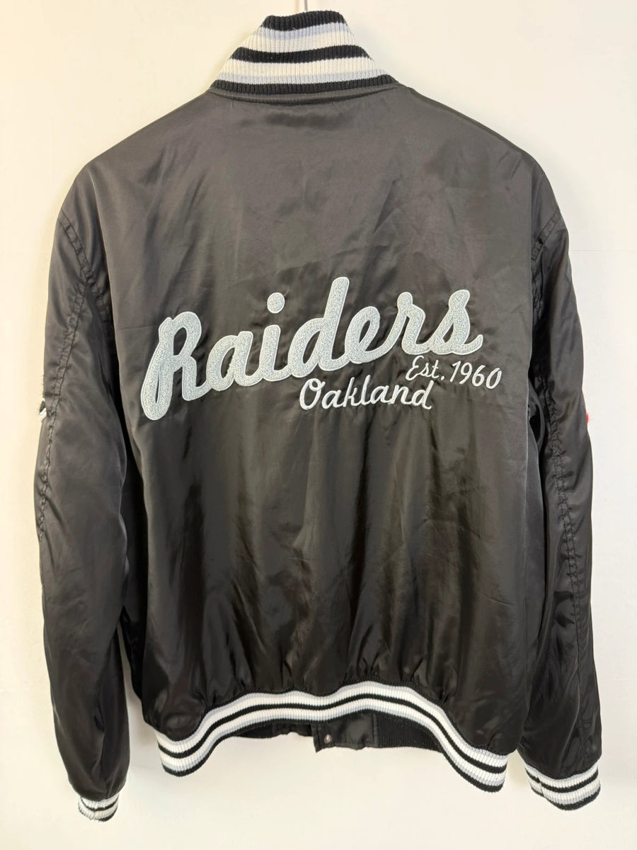 NFL Oakland Raiders Varsity Bomber Jacket Chenille Patch Black Mens • Large / L