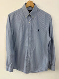 Ralph Lauren blue and white striped button-down shirt with navy embroidered pony logo.