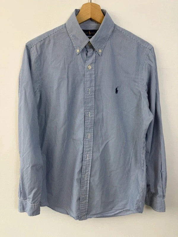 Ralph Lauren blue and white striped button-down shirt with navy embroidered pony logo.